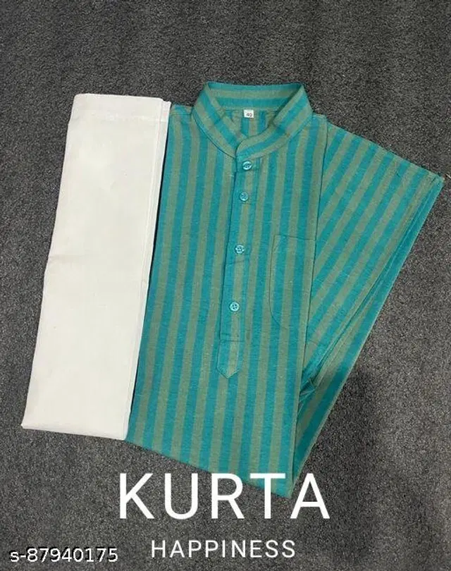 Khadi Cotton Printed Kurta with Pyjama for Men (Sea Green & White, XXL)