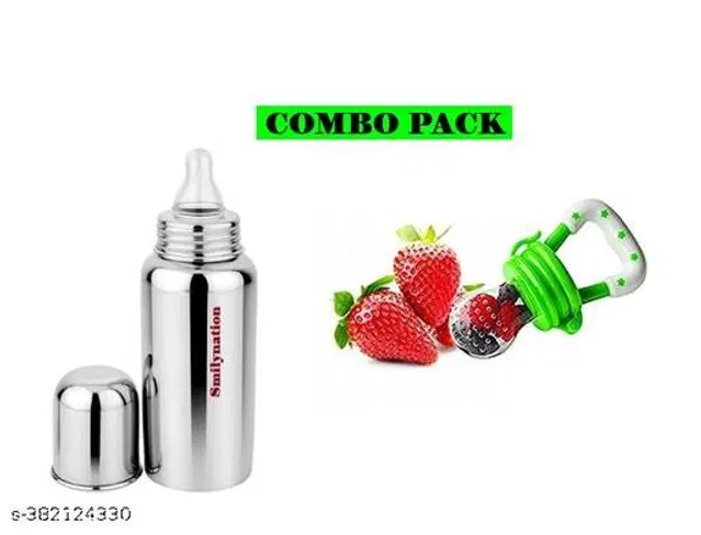 Stainless Steel Milk Bottle, 250 ml with Fruit Feeder for Baby, Multicolor, Set of 2