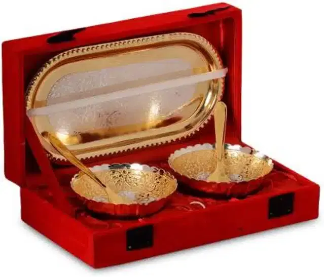 Brass Bowls, 2 Pcs with 2 Pcs Spoons & Serving Tray, Silver & Gold, Set of 1