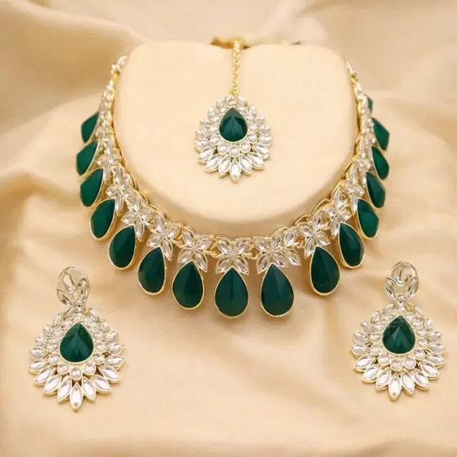 Emerald Kundan Choker with Earrings Set, Green (Set of 1)