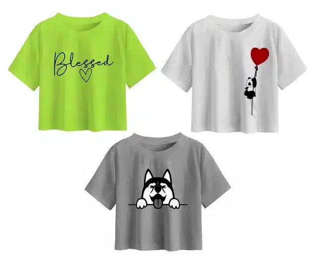 Cotton Printed Crop Tops for Girls, Pack of 3 (Multicolor, 10-11 Years)