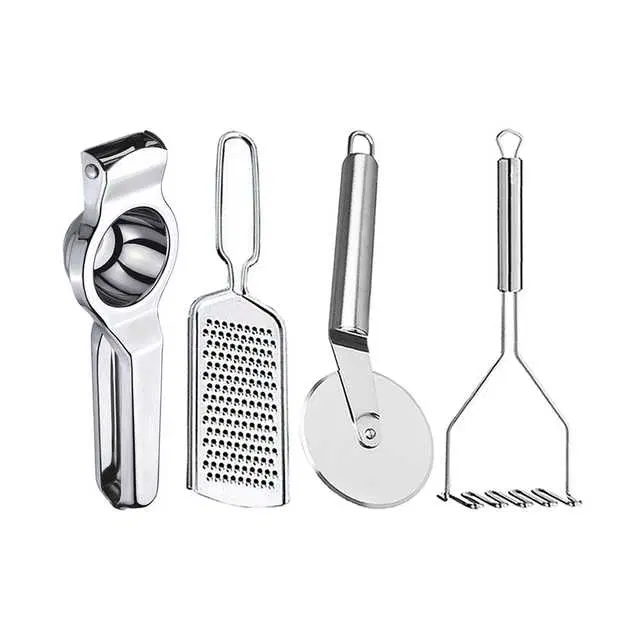 Oc9 Stainless Steel Lemon Squeezer & Cheese Grater & Pizza Cutter & Potato Masher Kitchen Tool Set, O-102