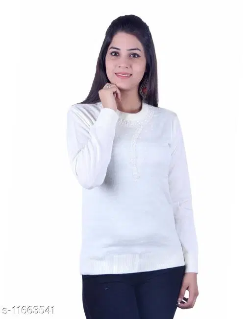 Acrylic Embellished Sweater for Women (White, XL)