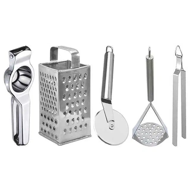 Oc9 Stainless Steel Lemon Squeezer & 4 in 1 Grater Or Slicer & Pizza Cutter & Potato Masher & Roti Chimta Kitchen Tool Set, O-159