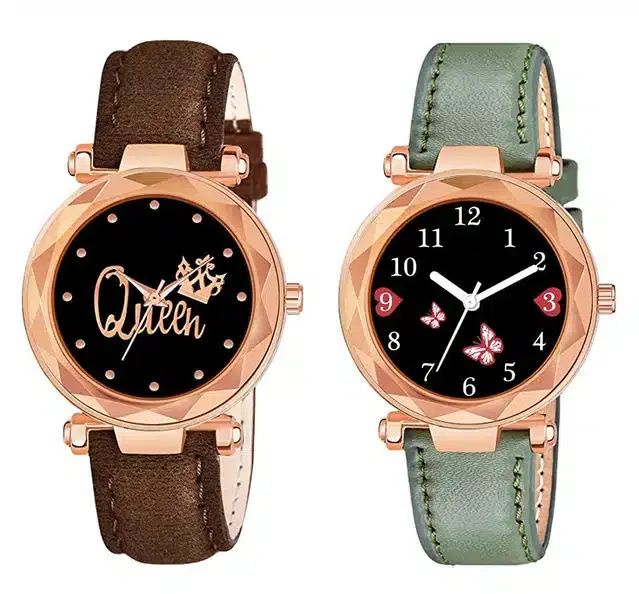 Designer Leather Analog Watch for Women & Girls, Pack of 2 (Brown & Green)