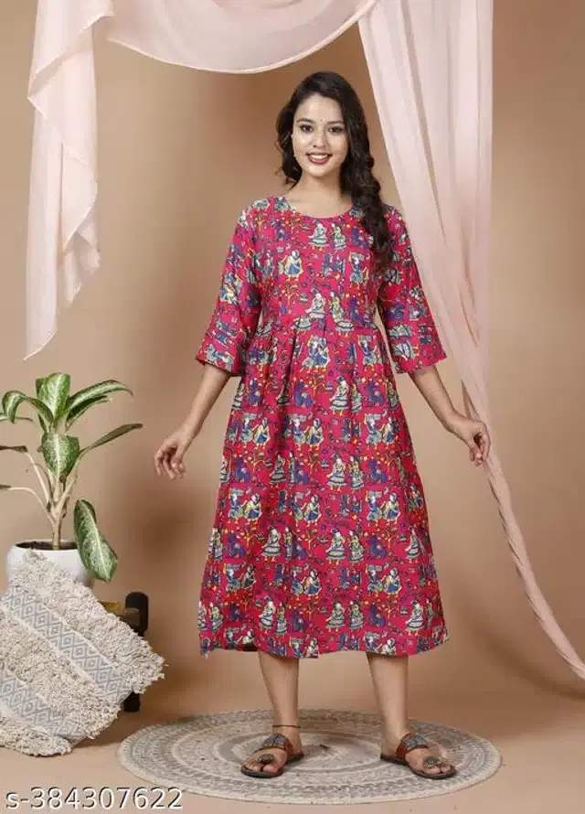 Rayon Printed Fidding Kurti for Women (Pink, M)
