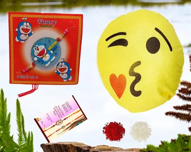 Synthetic Rakhi with Smiley Pillow & Roli Greeting card (Multicolor, Set of 1)