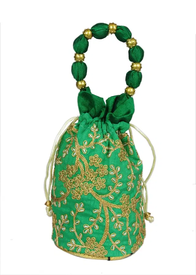 Silk Floral Ethnic Rajasthani Traditional Work Potli with Handle for Return Gifts, Green