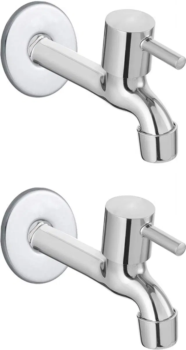 Stainless Steel Long Body Bib Cock Tap with Wall Flange, Silver, Set of 2