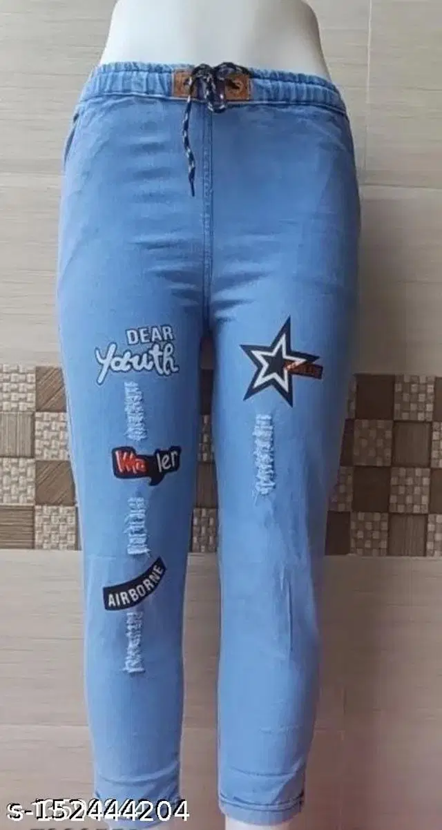 Denim Printed Jeans for Girls (Sky Blue, 13-14 Years)