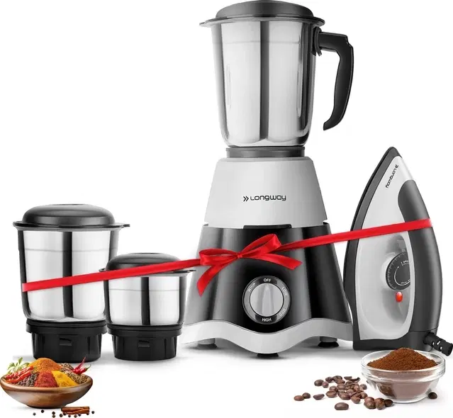 Longway Super Dlx 500 W Juicer Mixer Grinder + Dry Iron  [Super | 3 Jars | Black, Grey]