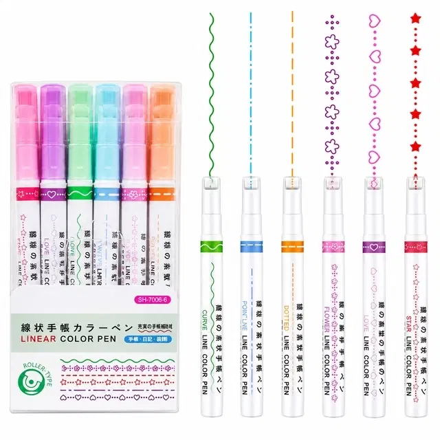 Linear Roller 6 Color Pens Highlighters with 6 Different Curve Shapes Superfine Nib Sketch Pens [Pack of 6, Multicolor]