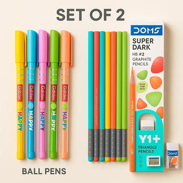 Klassy Blue Ball Pens 5 pcs and Y1+Pencils 10 pcs with free Sharpener & Eraser (Set of 15) Multicolor