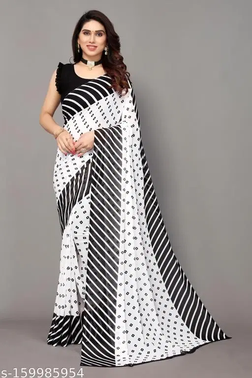 Georgette Printed Saree for Women, White (6.3 m)