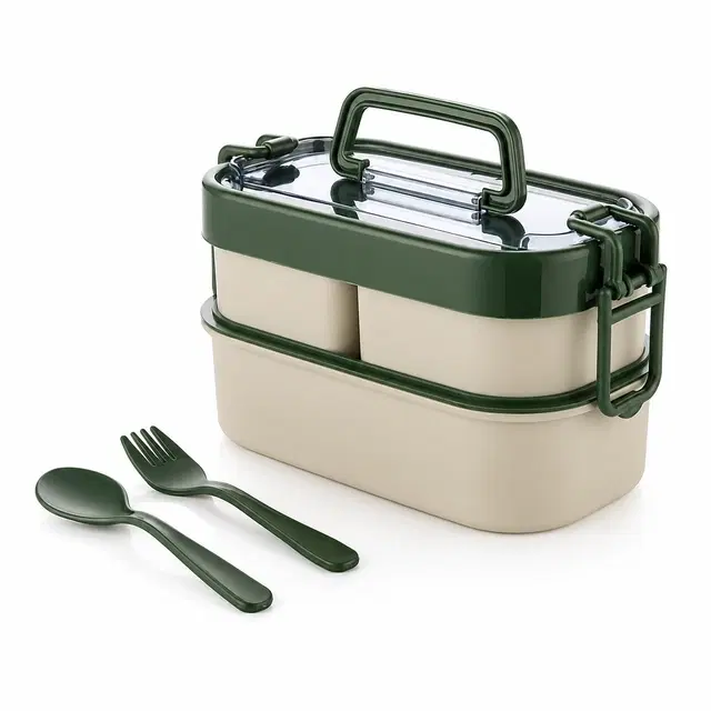 2-Tier Lunch Box Set with Handle & Cutlery BPA-Free - Assorted