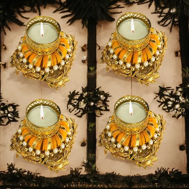 Metal Designer Tealight Candle Holder, Yellow, 9.5x9.5x4 cm, Pack of 4