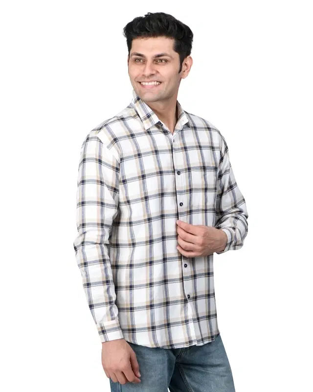 Cotton Blend Full Sleeves Chequered Shirt for Men, White (L)