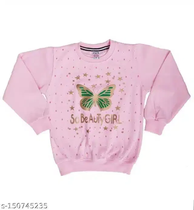 Fleece Printed Full Sleeves Round Neck Sweatshirt for Girls (Light Pink, 4-5 Years)