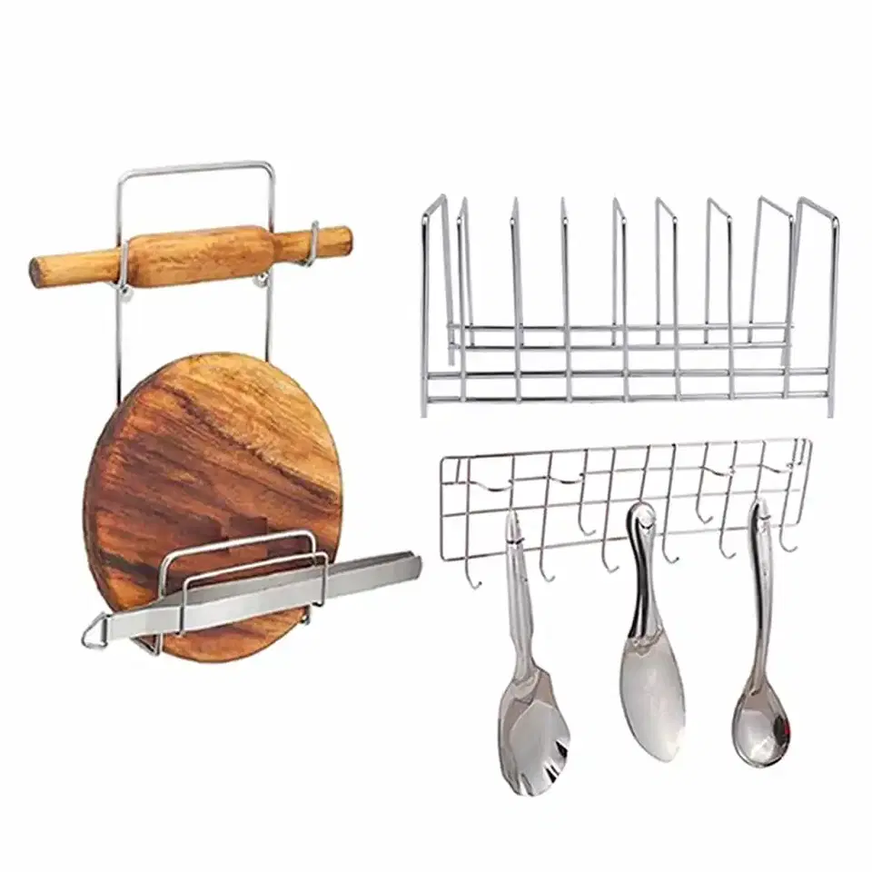 Oc9 Stainless Steel Chakla Belan Stand & Plate Stand & Wall Mounted Ladle Hook Rail For Kitchen, Oc-246