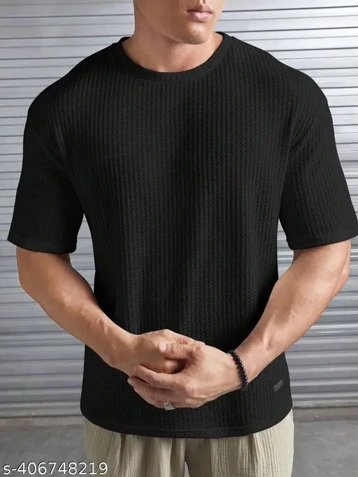 Poly Cotton Round Neck T-shirt For Men, Black (L)