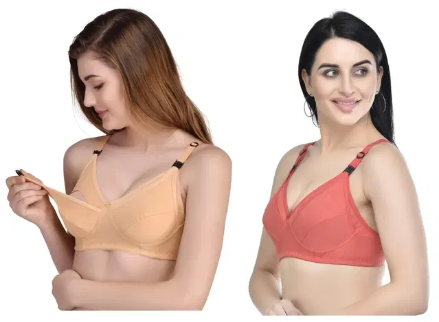 Cotton Blend Solid Non Padded Feeding Bras for Women, Pack of 2 (Multicolor, 32)