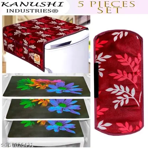 KANUSHI Industries® 1Pc Fridge Cover for Top with 6 Utility Pockets + 1 Handles Covers + 3 Fridge Mats (FRI-MAROON-SMALL-LEAVE+1-HANDLE+M-24)