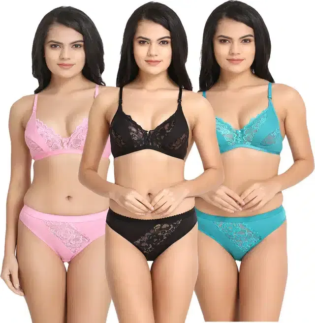 Silk Blend Lingerie Set for Women, Set of 3 (Multicolor, 34)