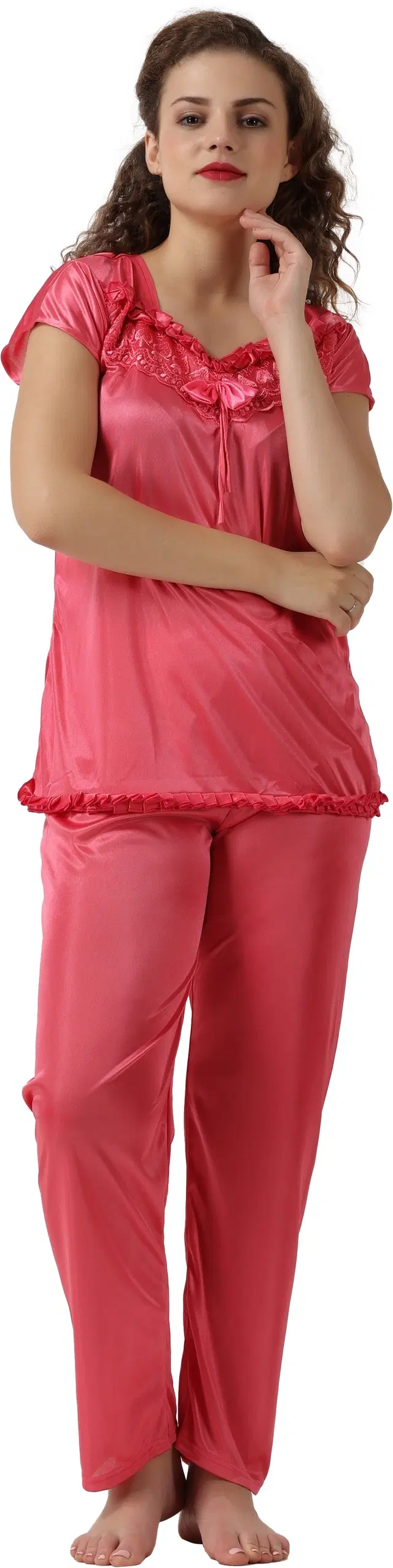 Satin Solid Nightsuit Set for Women (Pink, Free Size)