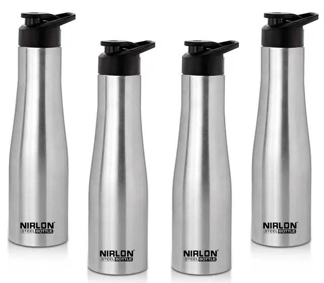 Nirlon Tall Bell Single Wall Stainless Steel Water Bottle 1000Ml, Water Bottles For Fridge, School,Gym,Home,Office,Boys, Girls, Kids, Leak Proof(Silver Colour|Sipper Cap|Set Of 4)