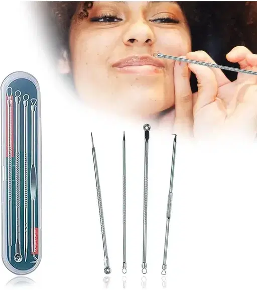 Stainless Steel 4 Pcs Acne Blackhead Remover, Silver, Set of 1