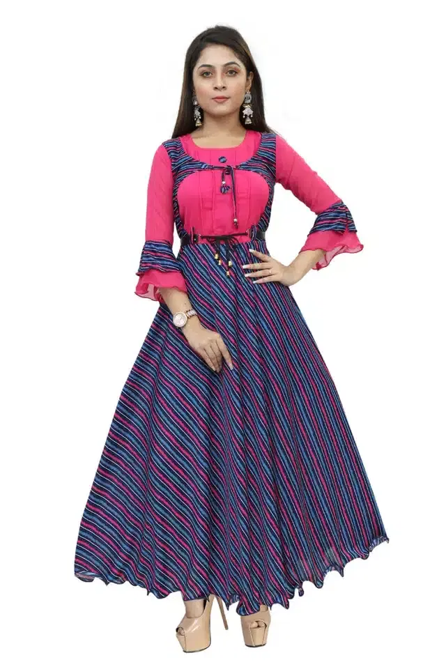 Three Quarter Sleeves Gown for Girls (Pink & Blue, 11-12 Years)