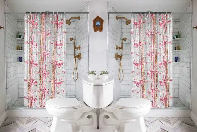 Waterproof Shower Curtain for Bathroom with 16 Hooks, Set of 2, Multicolor, W-100