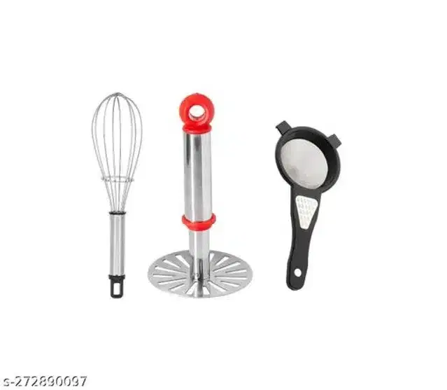 Whisk with Tea Strainer & Masher, Multicolor, Set of 3