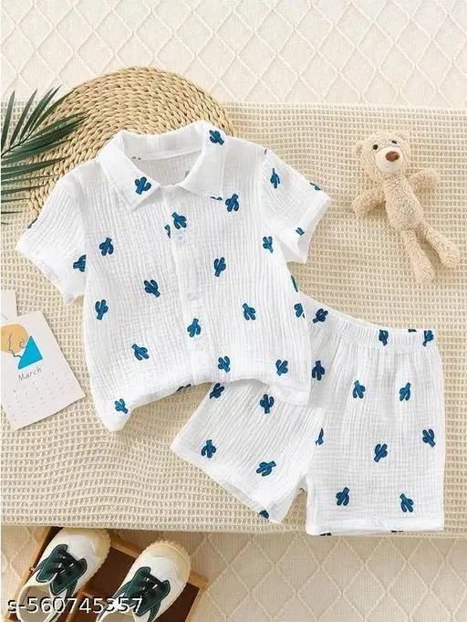 Cotton Spandex Shirt and Short Set for Boys (White, 0-3 Months)
