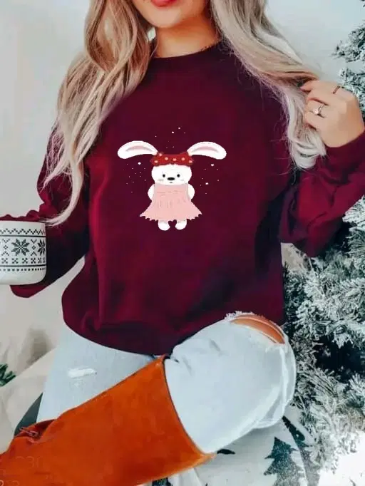 Fleece Printed Sweatshirt for Women (Maroon, M)