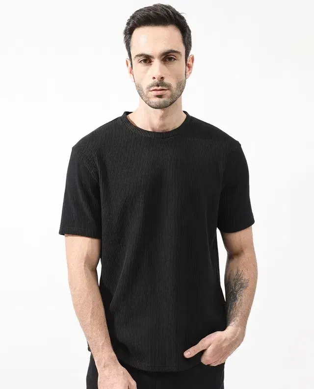 Round Neck Structured T-Shirt for Men, Black (XXL)