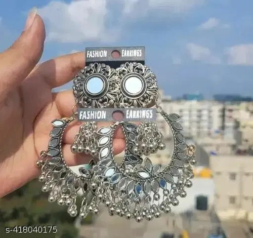 Beautiful Silver Oxidised Mirror Studs Earrings For Womens & Girls