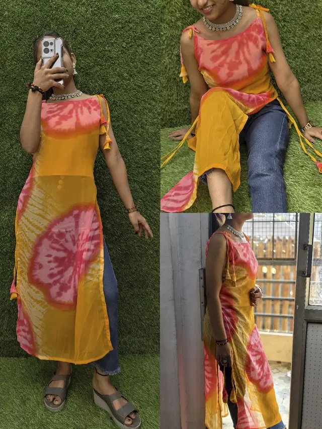 Batik Print Georgette Kurti for Women (Mustard, XS)