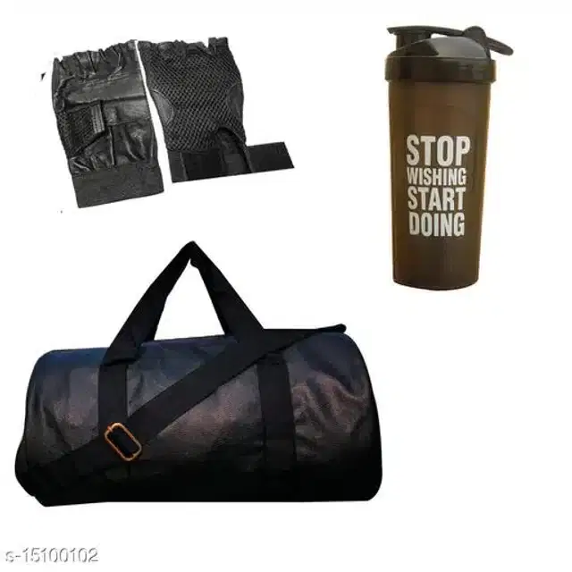 Combo of Gym Bag with Shaker Bottle, 400 ml, Gloves, Multicolor, Set of 3