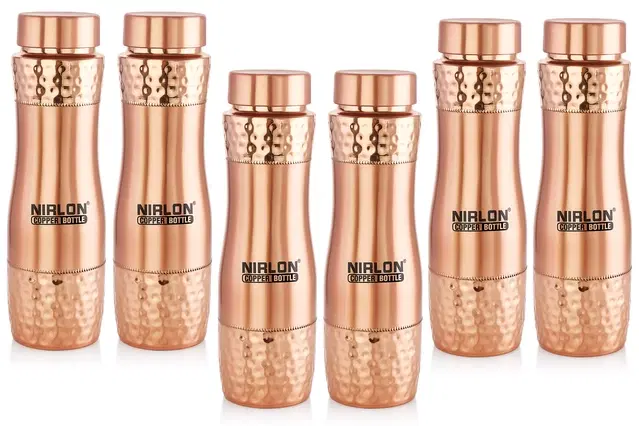Nirlon Copper Tamba Designer Bottle With Advanced Leaf Proof Protection/Joint Less, Ayurveda And Yoga Health Benefits For Everyday Use, Tatva 950Ml, Set Of 6