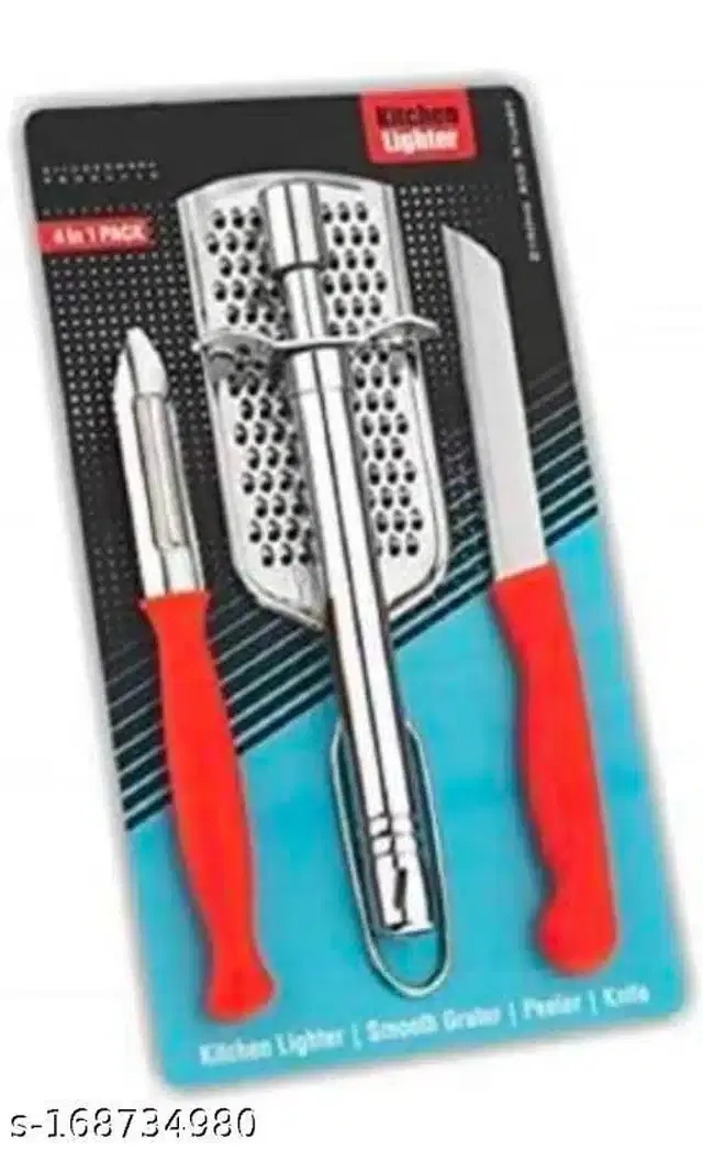 4 in 1 Gas Lighter Kitchen Set, Silver & Red, Set of 4