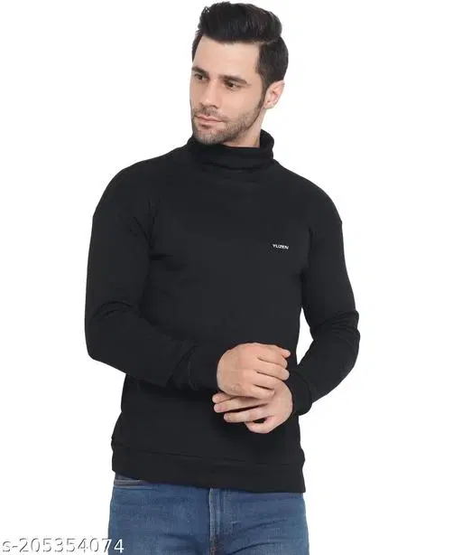 Cotton Blend Hi-Neck Full Sleeves Sweater for Men (Black, M)