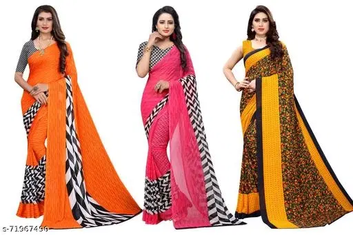 Georgette Saree Combo Pack of 3 for Women (Multicolor, Free Size)