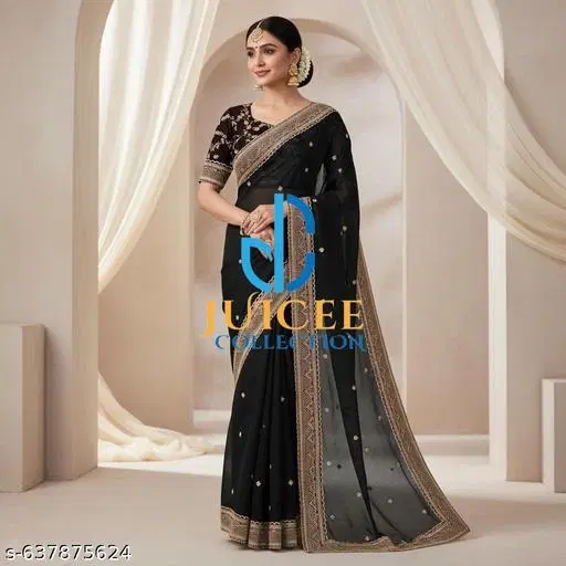 Georgette Embroidered Saree for Women, Black (6.3 m)