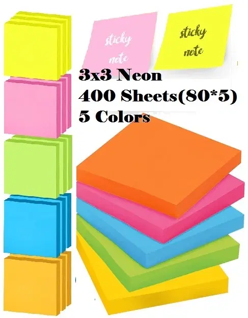 Paper Neon 80 Pcs Sticky Notes, Multicolor, 3x3 inches, Pack of 5