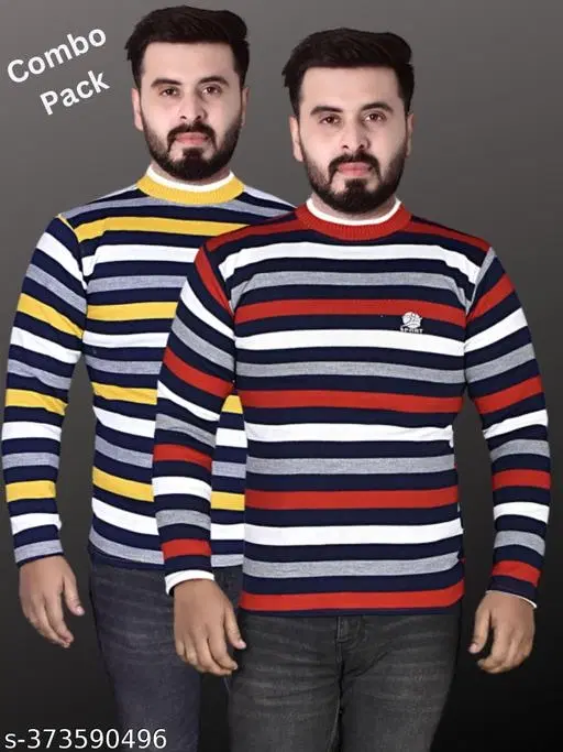 Woolen Striped Sweater for Men, Pack of 2 (Yellow & Red, L)