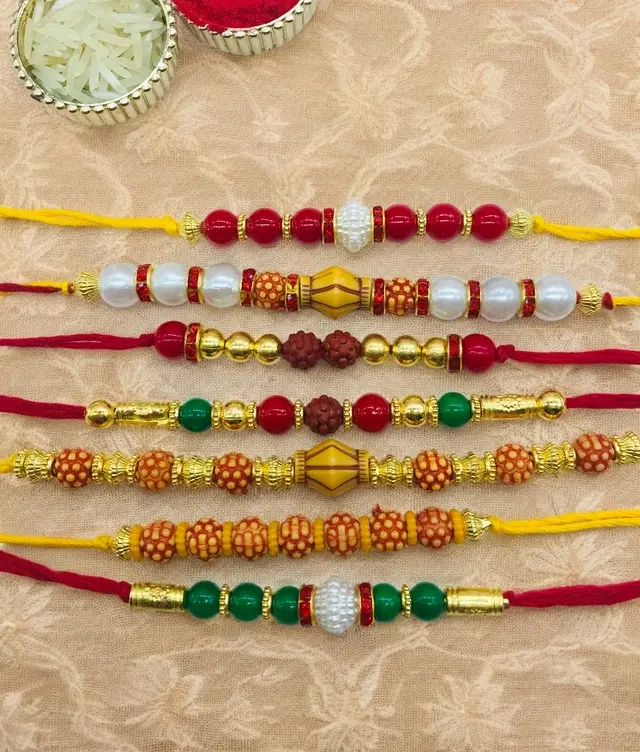 Handmade Designer Rakhi with Roli Chawal, Multicolor, Pack of 7