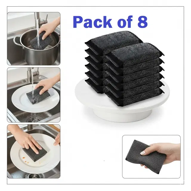 Stainless Steel Scrub Pad, Black, Pack of 8