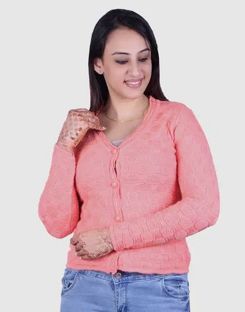 Women's Full Sleeves Cardigan (Peach, XL) (M107)