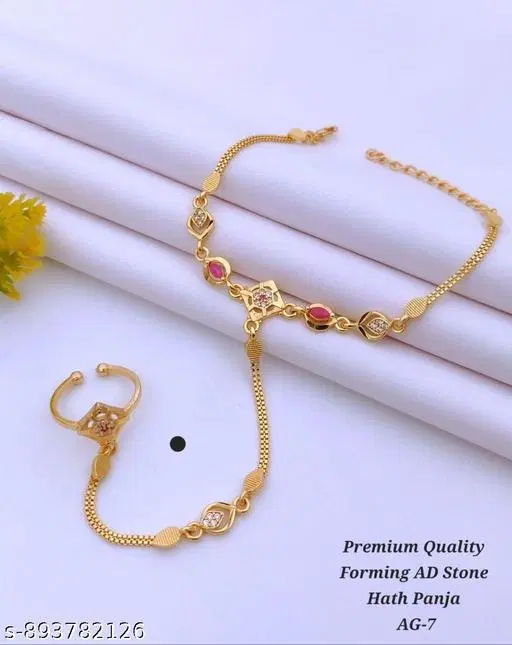 Hathpanja Bracelet with Joint Ring for Women (Gold, Free Size)